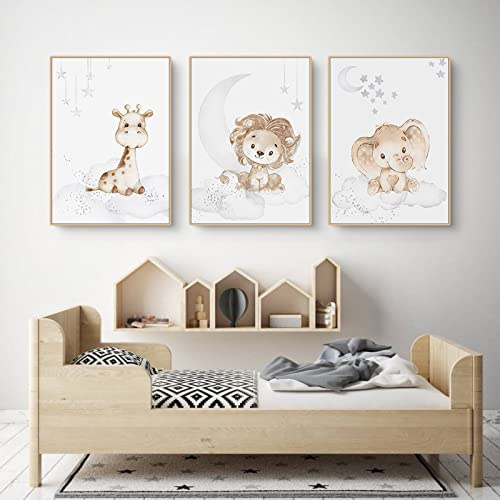 EXQULEG 3er Set Poster Kinderzimmer Kleiner Hase Giraffe Tiere Bilder Babyzimmer Deko Ohne Rahmen, Kinderbilder Tiermotive Poster für Junge Mädchen (A,21x30cm)