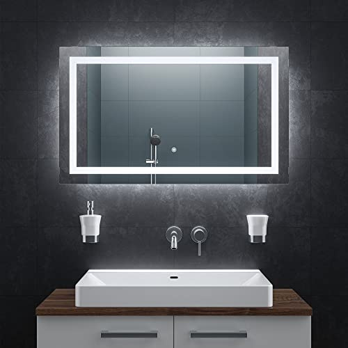 BR Bringer® LED Badspiegel 100 x 60 cm Modell BRS102 dimmbar Anti-Beschlag | Dimmbarer Badezimmerspiegel mit Beleuchtung - 3 Lichtfarben, Touch-Schalter, Anti-Beschlag und praktische Speicherfunktion