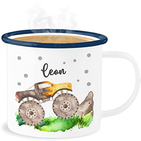 Emaille Becher Blechbecher - Auto - Monstertruck Monster Truck Off Road Bigfoot 4x4 Pick-up Geländewagen - 300 ml - Weiß Blau - cars pick up tasse autos monster+truck rennauto personalisierte