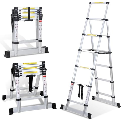 Lospitch Scala telescopica pieghevole, 1,7 + 2 m, in alluminio, antiscivolo, multiuso, allungabile, telaio A 5 + 6 pioli, portata 150 kg