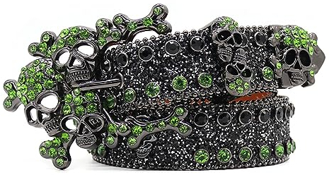 NALANY Grüner Strassgürtel Nietengürtel Für Damen Herren, Cowgirl Cowboy Schädel Totenkopf Schnalle Western Glitzer Diamant Gürtel Für Jeans Kleider Hosen(125cm/waist:43, Black)