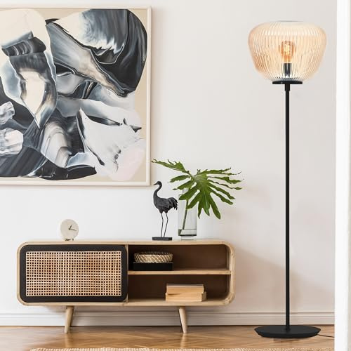 Lightbox Retro Stehlampe | 140 cm Höhe, Ø 35 cm | Stehleuchte mit bernstenfarbenen Riffelglas & Fuß-Schalter | E27 | aus Metall/geriffeltem Glas | in Amber-Bernsteinfarben/Matt Schwarz
