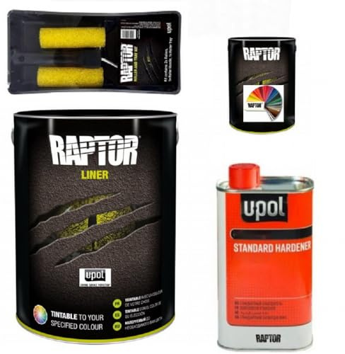 Raptor Liner Lack, alle RAL Farben. 1,1 L (0,75+0,25+0,1) Gebinden + Rollen Set. 2K Fahrzeug & Transportflächen Beschichtung. Upol. (RAL 9005 Tiefschwarz)
