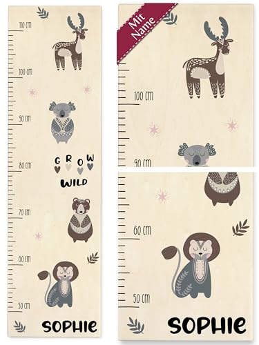 Messlatte Kind Holz - Grow Wild Tiere mit Name Kindermesslatte Waldtiere I Zootiere Babymesslatte - 50-110 cm - Holz - wand tier meßlatte für kinder eichhörnchen kinder-messlatte 160 metermaß