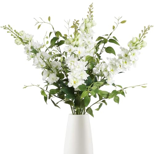 ICBOX 8PCS White Artificial Delphinium Flowers with Clematis Greenery Long Stem Flowers 29.5 Larkspur Artificial Flowers for Wedding Centerpieces Silk Flowers for Home Decor Indoor (White)