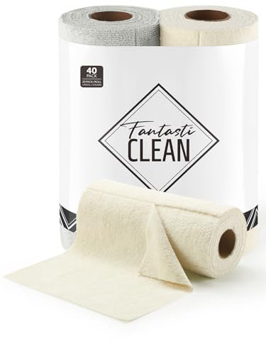 Fantasticlean Rotolo di Panno in Microfibra - 20 Pezzi x 2, Panni per la Pulizia Strappabili, Strofinacci da Cucina Riutilizzabili e senza Pelucchi 25 x 25 cm, Beige & Grigio Freddo