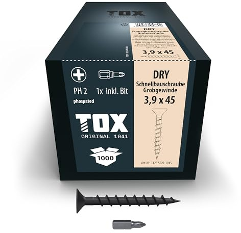 TOX Schnellbauschrauben DRY GG 3,9 x 45 mm, 1.000 Stk. | Schwarz phosphatiert, Trompetenkopf, Grobgewinde, für Gipskarton auf Holz, PH2, inkl. Bit, 142353213945