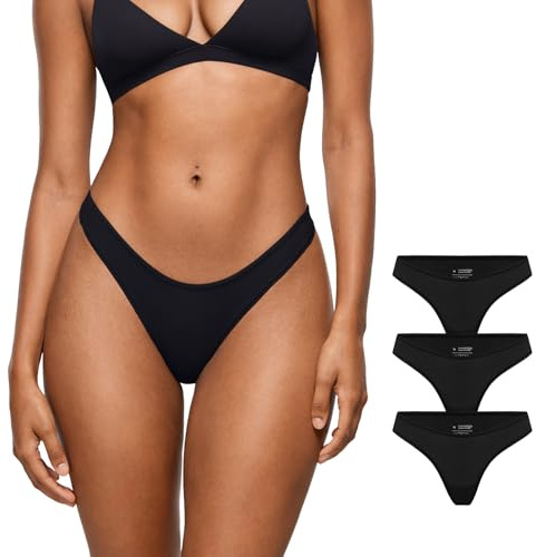 INLYRIC Women's Inbarely Soft Thong - No Show Sexy Panties Breathable V-waisted Ladies Underwear 3 Pack Black (3pack) Medium