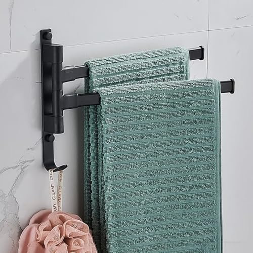 Handtuchhalter Wand ohne Bohren for Bad: 180°Drehung Badetuchhalter 2 Armig - Selbstklebend Handtuchstange for Badezimmer und Küche, Schwarz