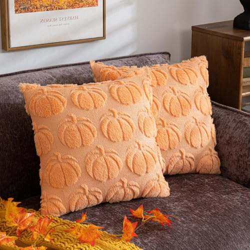 Dabeto 2er Set Kürbis Kissenbezüge 50x50 Orange - Sofakissen, Dekokissen & Zierkissen - Halloween Deko mit Kürbis-Motiv - Herbst Innen Pumpkin Kissen Dekora (Beige, 50x50cm)