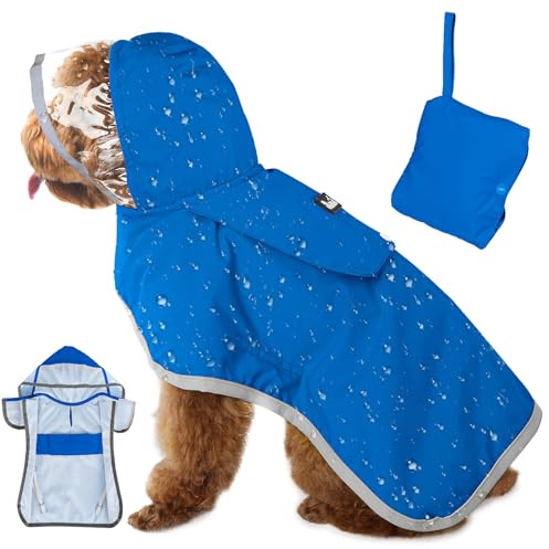 Eyein Wasserdichter Hunderegenmantel, Regenmantel für Kleiner Hunde mit Kapuze und weichem Futter, Verstellbare Hunderegenjacke mit reflektierenden Streifen, Winddicht und leicht, Blau, S