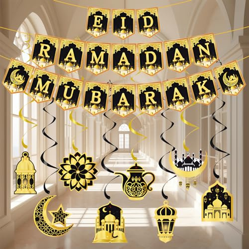 35PCS Ramadan Decorations, Eid Ramadan Mubarak Banner and Foil Hanging Swirl Streams Ceiling Decor for Home, Shining Gold Star Moon Lanterns Castles Ornament for Islamic Muslim Al-Fitr Party Supplies