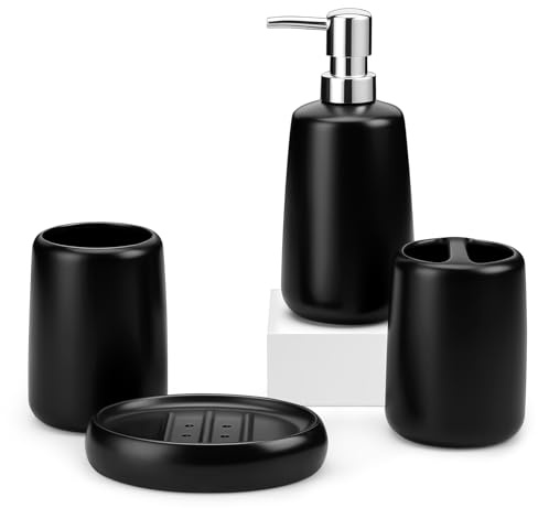MALACASA Ceramic Bathroom Accessories Sets, 4 PCS,Soap Dispenser, Toothbrush Holder, Toothbrush Cup and Soap Dish, Durable Bathroom Sink Set for Modern Home Decor,Gift Set, Black