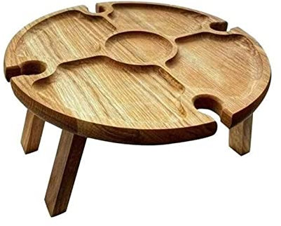 Wooden Outdoor Folding Picnic Table with Glass Holder Round Foldable Desk with Wine Glass Rack Collapsible Camping Table for Party Events