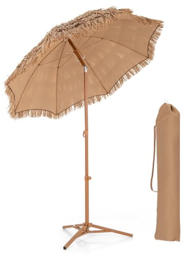 COSTWAY 200 cm Parasol avec Pied Pliant, Parasol de Plage Style Hawaïen avec Inclinaison à Bouton-Poussoir, Sac de Transport, pour Jardin, Patio, Piscine et Bar Tiki Extérieur
