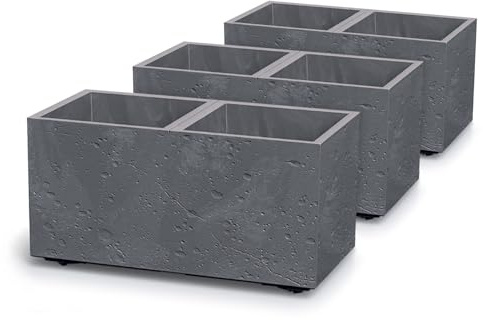 IMJ-Global Set di 3 Vasi per Fiori Piante Rettangolari 57,7x28,8x29 cm Sierra Case Beton Effect In Plastica Da Interno Esterno Colore Grigio 26,2 Litri Design Moderni