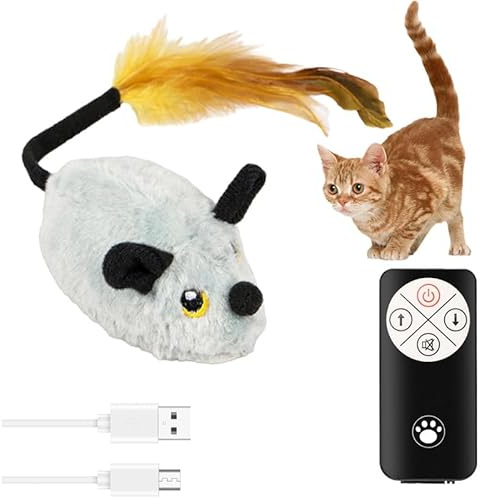 Elektrisch Spielmaus, 2025 Neu Interaktives Katzenspielzeug Maus mit Federschwanz, Magic Maus Katze Interaktives Spielzeug für Katzen Selbstbeschäftigung USB Spielmaus mit Fernbedienung (Grau)