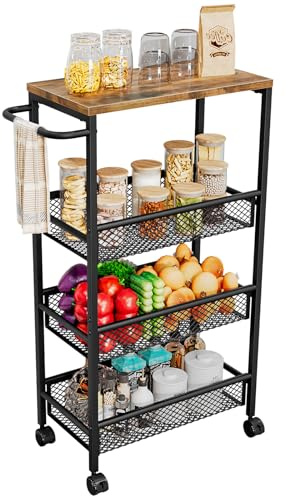 AZERPIAN Slim Rolling Cart 4 Tier Narrow Storage Cart on Wheels with MDF Board Top and Metal Handle for Small Space Kitchen Living Room Bathroom Laundry Room (16.38 x 9.06 x 30.31inch)