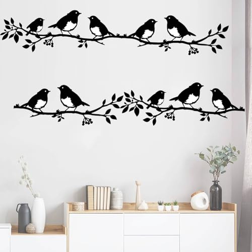 4 Stück Metall Vögel Wanddeko, Deko Hängend Wandskulpturen Vögel auf dem Astn, Metall Ornament Zweig mit Vögels Silhouette Zeichen für Balkon Indoor Outdoor Wohnzimmer Garten Wanddeko