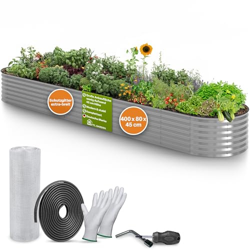 TTL GARDEN 400x80x45cm Spirit XXL Metall Hochbeet Silber - Stahl verzinkt | Rostfrei Wellblech ovale Form extra groß stabil & wetterfest Garten Beet für Gemüse Kräuter Blumen Gartenbeet Gemüsebeet