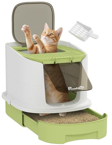 PawHut Lettiera per Gattini Chiusa con 2 Porte 40.5x52.5x42.5 cm Verde | Vassoio Estraibile, Paletta e Deodorante, Lettiera per Gatti in PP