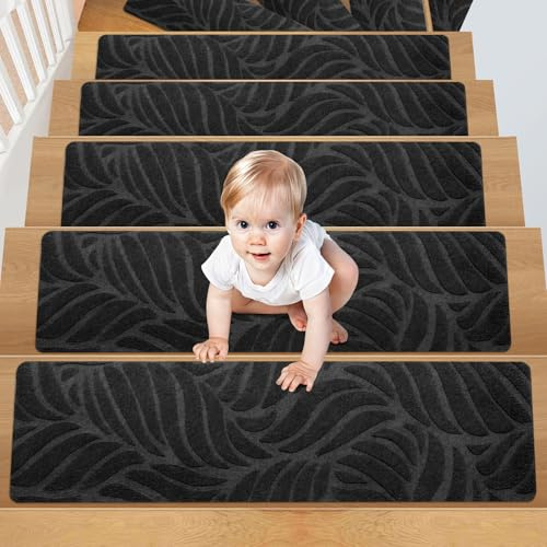 Suimlmta 15 Pack Stair Treads Carpet 76 x 20cm Black Non-Slip Stair Mats Pads Runner Self Adhesive Reusable Indoor Step Protectors Cover for Pets Kids Elders