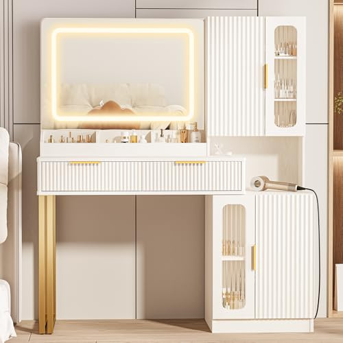 45 Modern Makeup Vanity Desk with Mirror and Lights, Makeup Vanity with 5 Shelves& 2 Drawers and Cabinet, Vanity Table with Power Outlet, 3 Color Adjustable Lighting Dressing Table Set for Bedroom