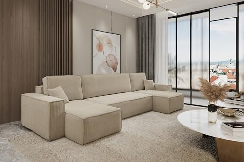 Best For Home – Ecksofa Karl mit Schlaffunktion | L-Form Sofa mit Bettkasten | 3-Sitzer Schlafsofa & Gästebett | Bequemes Wohnzimmermöbel | Modernes, U-förmiges Couch-Design in Beige