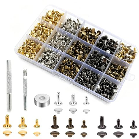 JCTEEY 360 Stück Leder Nieten Set, Metallniete Doppelkappe Hohlnieten 12mm, 8mm, 6mm Nieten mit 3 Werkzeug, Leder Hohlnieten Set für DIY Lederhandwerk Kleidung Tasche Gürtel Schuhe (4 Farben)