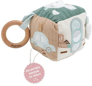wunderwunsch Jollein Stoffwürfel personalisiert. Spielwürfel Baby, Motorikspielzeug für Kinder, Geschenk zur Geburt, Motorikwürfel, Kuscheltier, Spielzeug (Auto)