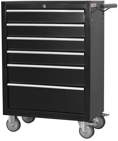 Servante d’Atelier avec 6tiroirs,Caisse à Outils en métal de grande capacité | avec roues et serrure à clé | chariot à outils de rangement roulant pour garage, etabli atelier garage. (Noir, 6 Tiroirs)