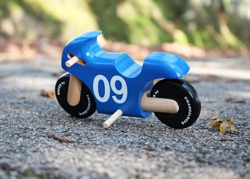 Emanuel Rufo Moto de Madera Azul de Juguete, Juguete Artesanal para niños y niñas