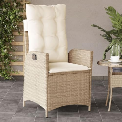 Owoxanthellate Gartensessel Beige Poly Rattan Verstellbare Rückenlehne 57 x 61 x 93 cm UV beständig Gepolsterte Kissen Gartenstuhl Balkonstuhl für Terrasse Balkon Camping