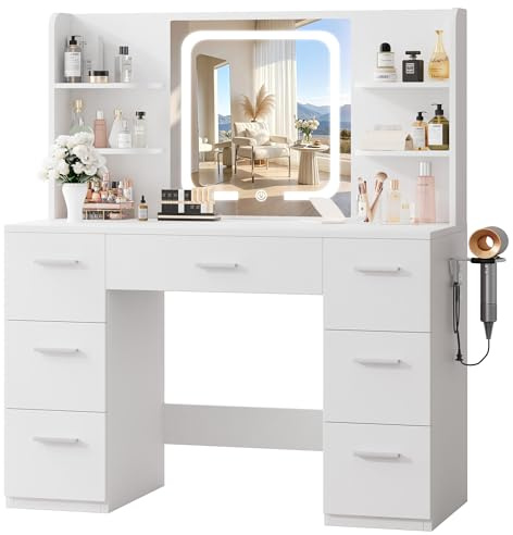 LIVELYGLOW White Large Makeup Vanity Desk with Smart LED Mirror & Power Station, 43 Professional Dressing Table with 7 Drawers, 4 Open Shelves & Hairdryer Holder for Bedroom