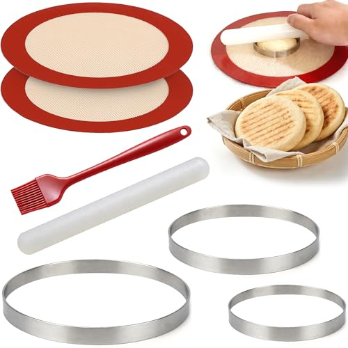Stainless Steel Arepa Molds, 3 Sizes with Rolling Pin, Mats & Brush | 3.1, 4.3 & 6.1 in, Round shaping, Dough portioning, Colombian and Venezuelan Arepas, Flatbread prep