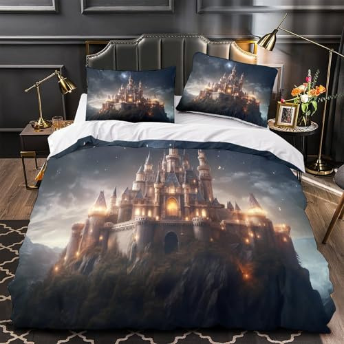 TBZXEEWOE Castello di fantasia copripiumino Biancheria da letto morbida stampa di 3D con federa con federe per cuscini Set Di Copripiumino for ragazzi e adolescenti Double（200x200cm）