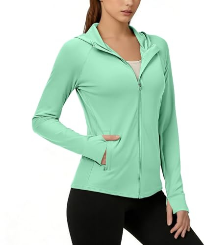 Veste de Sport Femme Anti-UV Manches Longues Vêtement de protection solaire UV UPF 50+ Ample Légère Respirant Rapide Couleur Unie Fermeture Éclair Sweat à capuche pour activités de plein air Running