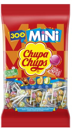 Chupa Chups - Grand Sachet de 300 Mini Sucettes à la Pulpe de Fruit - Parfums Variés - Cola et Goûts Fraise, Orange et Pomme - Sans Gluten, 0% de Matières Grasses- 1.8kg
