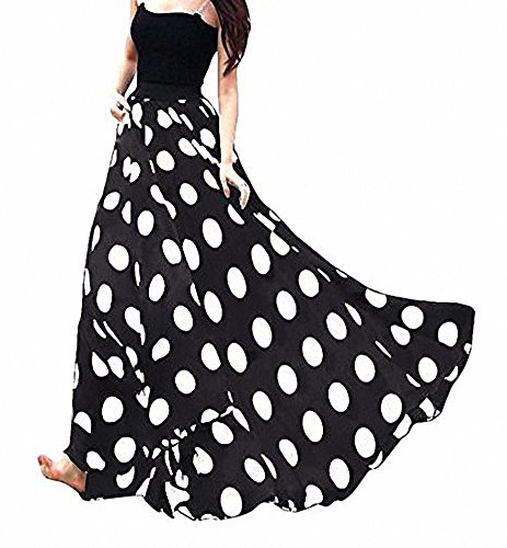 Afibi Women Chiffon Mopping Floor Length Big Hem Solid Beach High-Waist Maxi Skirt (Small, Black Dot)