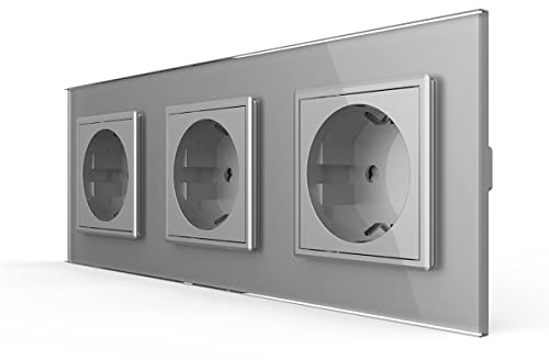 LIVOLO Grau 3 Fach Schuko Steckdose Schutzkontakt mit Kindersicherung Panel aus Kristallglas EU Standard Wandsteckdose,VL-C7C3EU-15-A