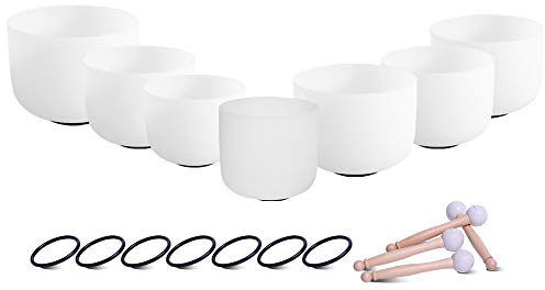ENERGYSOUND Juego de 7 cuencos de cristal para yoga, afinados por chakras, cuenco de cristal de cuarzo esmerilado, 20 cm a 30 cm, instrumento musical curativo de sonido y meditación