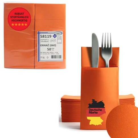 AROBA 100 Stück Vorgefaltete Airlaid Besteckservietten - 39x40 cm Stoffähnliche Einweg-Bestecktaschen mit Serviette, Robust & Besonders Saugstark - für Catering, Events, Hotel & Party - Orange