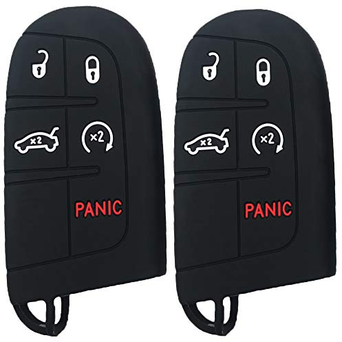 KUSTSOFT KOSMIQ Jeep Silicone Smart Key Fob Remote Cover Case 5 Buttons Keyless Entry Protector Bag for Jeep Grand Cherokee Dodge Challenger Charger Dart Durango Journey Chrysler 300(Black+Black)