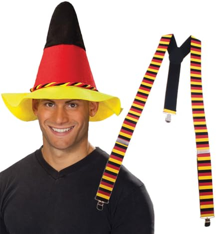 Karneval-Klamotten Hut Deutschland Seppl Hut EM WM Herren Fußball Fan-Hut mit Hosenträger schwarz rot Gold EM WM Herren Fußball