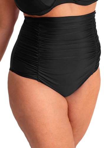 SHAPERMINT Women Ruched High Waisted Bikini Bottom Swimsuit, Tummy Control Full Coverage Swimwear, Small to Plus Size, Black, Small