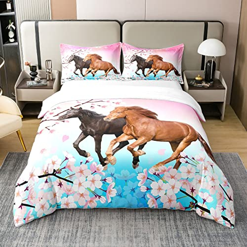 Set di biancheria da letto per tutte le stagioni, con copripiumino per ragazze in cotone, motivo floreale, 100% cotone, per amanti dei cavalli, set di biancheria da letto per tutte le stagioni, 2