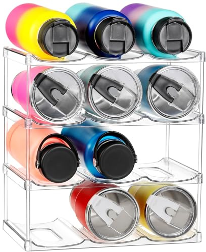 LARGER Compartment - Stackable Water Bottle Organizer Holder - for Stanley & Others' Large Tumbler - Clear Wine Rack, Cup Bottle Holder for Cabinet Home Countertop Fridge Pantry Shelf, 4 Tier Hold 12