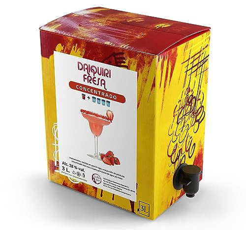 Concentrado de Daiquiri Fresa Bag in Box 3,3 Kg (3L) que rinde 15L o más de 91 copas con solo Diluirlo en Agua y Hielo. Un Cóctel Más Rentable y Rápido en Menos Espacio. Por Destilerías Riojanas