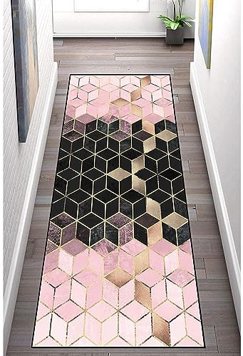 Teppich Läufer Flur rutschfest 100×100cm, Geometrisch Rosa Schwarz Gold Diamantgitter Küchenläufer Flurläufer Lang Polyester Teppichläufer, für Korridor Schlafzimmer Innen Wohnzimmer