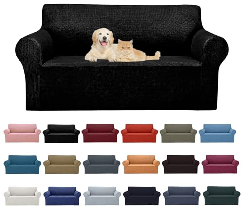 Cupuamon 2026 New Stretch Loveseat Sofa Slipcovers Couch Cover for 2 Cushion Furniture Protector Sofa Covers with Elastic Bottom Jacquard Fabric Small Checks for Pets, Kids - Black